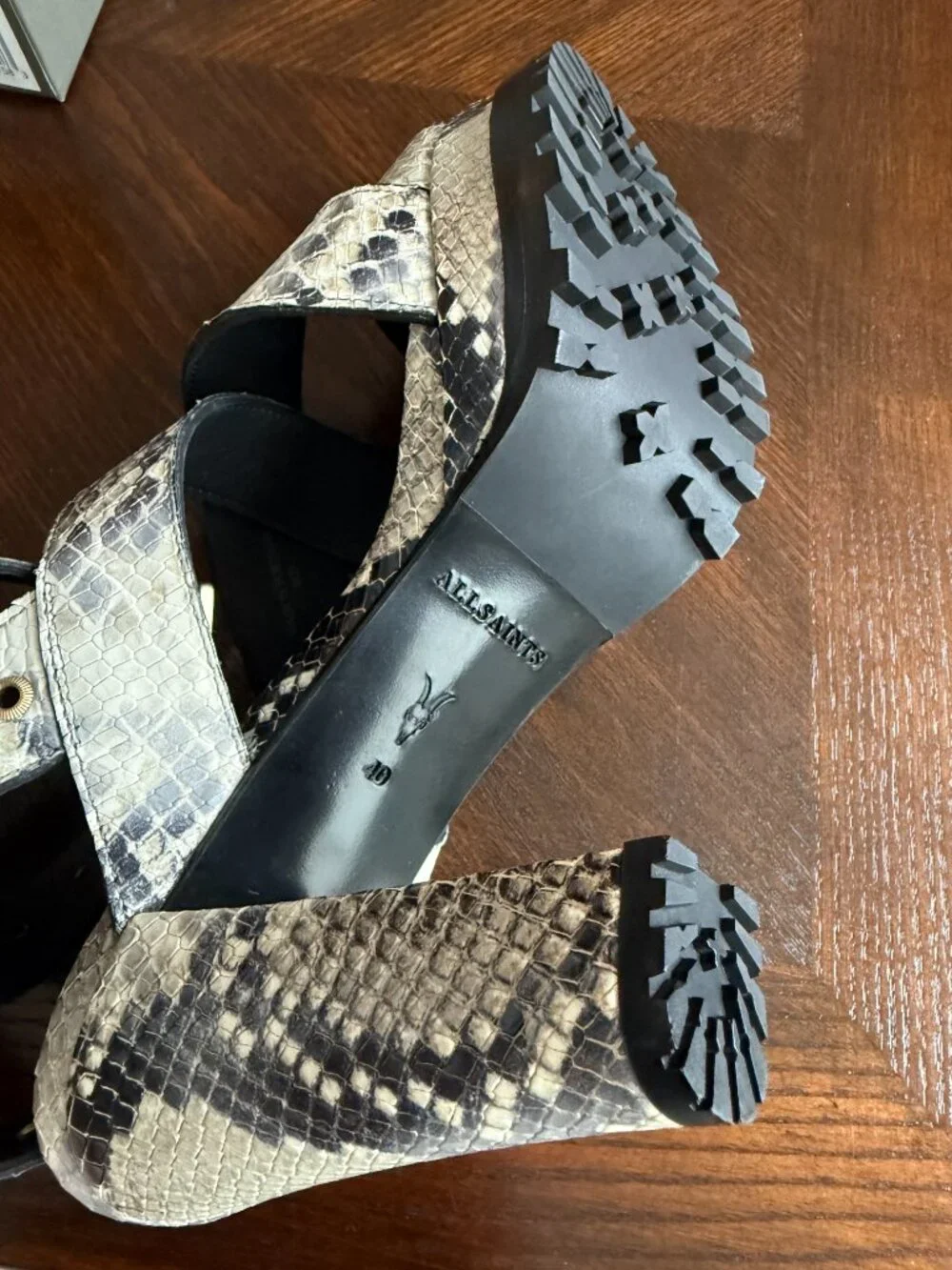 ALLSAINTS Sienna Snake Print Leather Platform Strappy Ankle Sandal | 40 | NWB